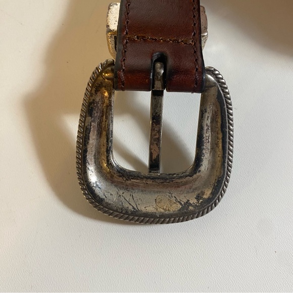 Vintage Brown Leather Western Belt with Silver Floral Design Conchos 42” Length